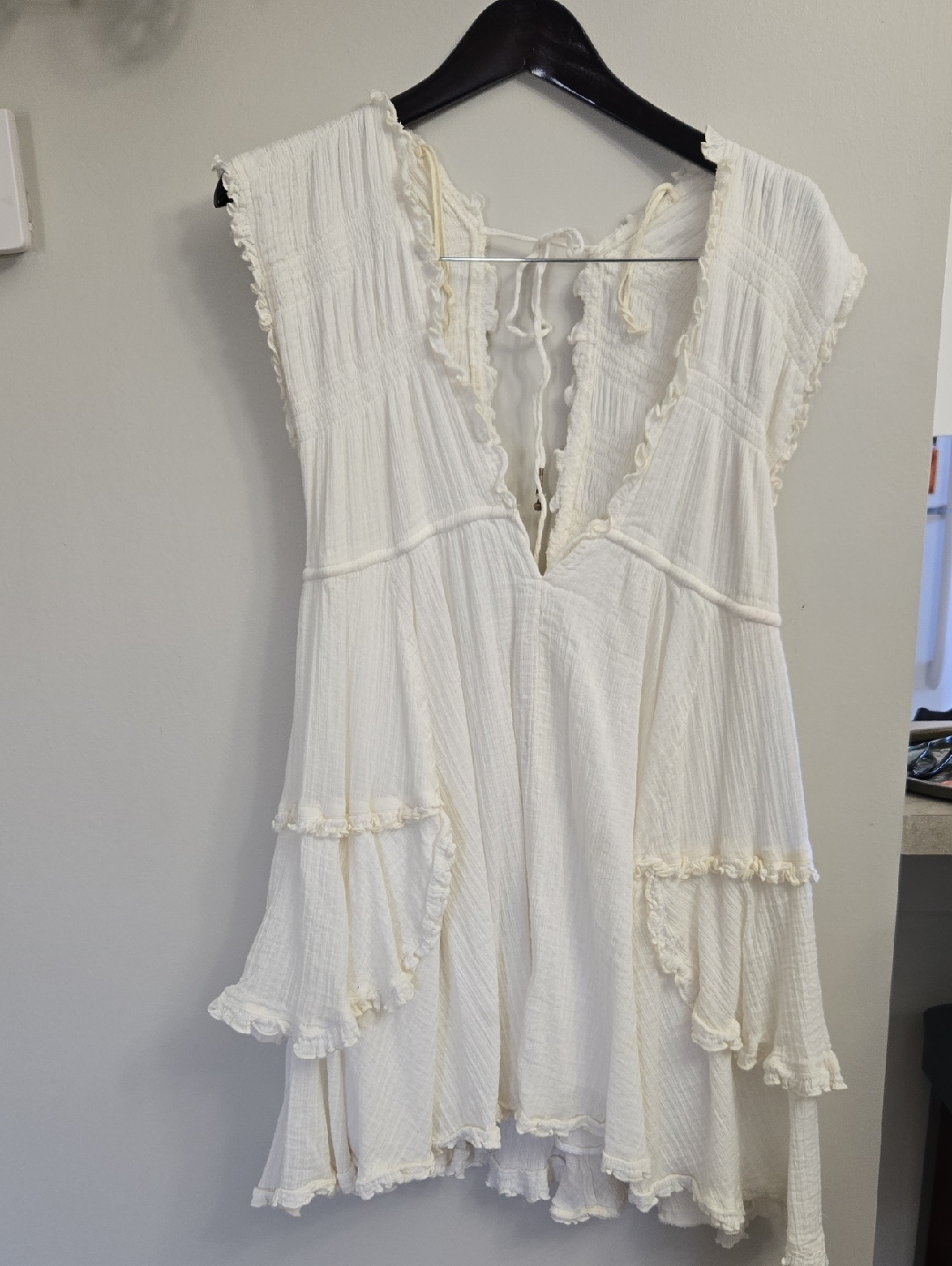 Free People Ivory Crinkled Linen Dress With Tie Detail